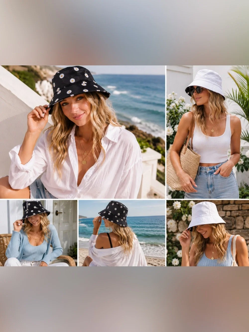 Alice + Olivia Reversible Daisy Bucket Hat Black White Floral OS
